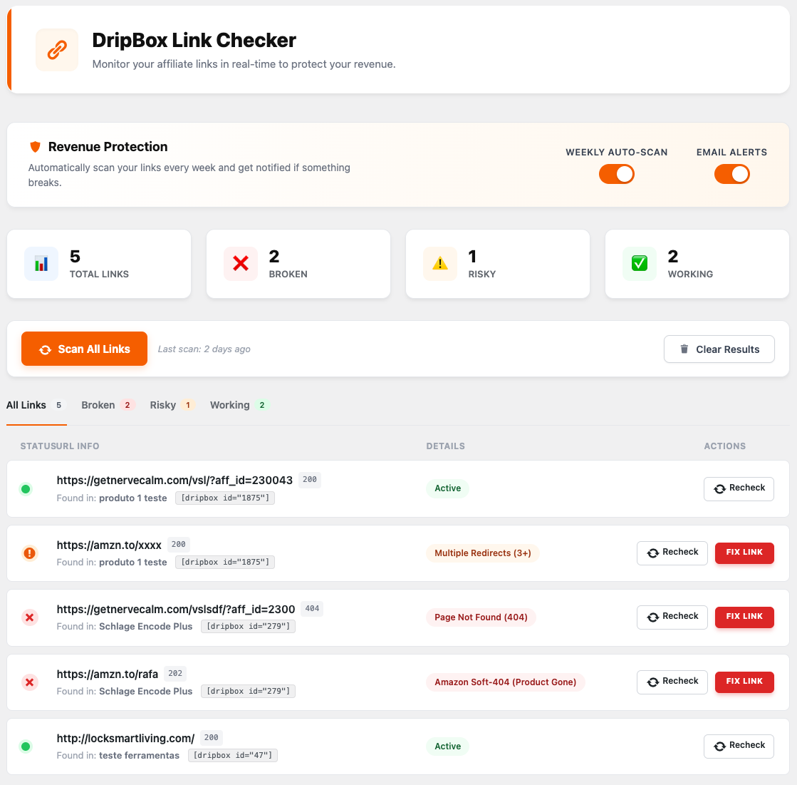 DripBox Affiliate Link Monitoring Dashboard