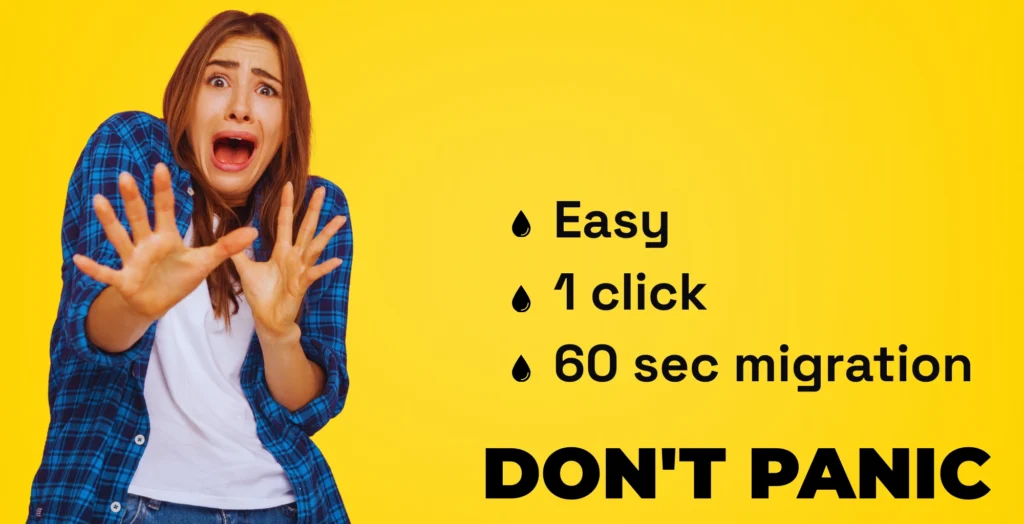 Lasso to DripBox 1-click migration guide banner showing easy 60-second transfer features with Don't Panic message.