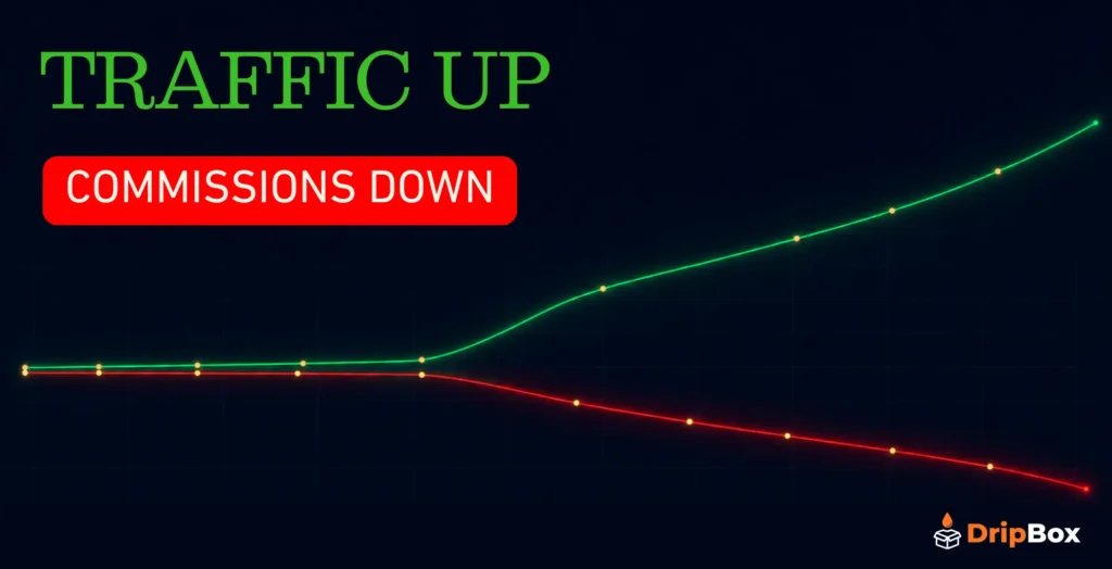 Chart showing affiliate website traffic rising while commission revenue falls